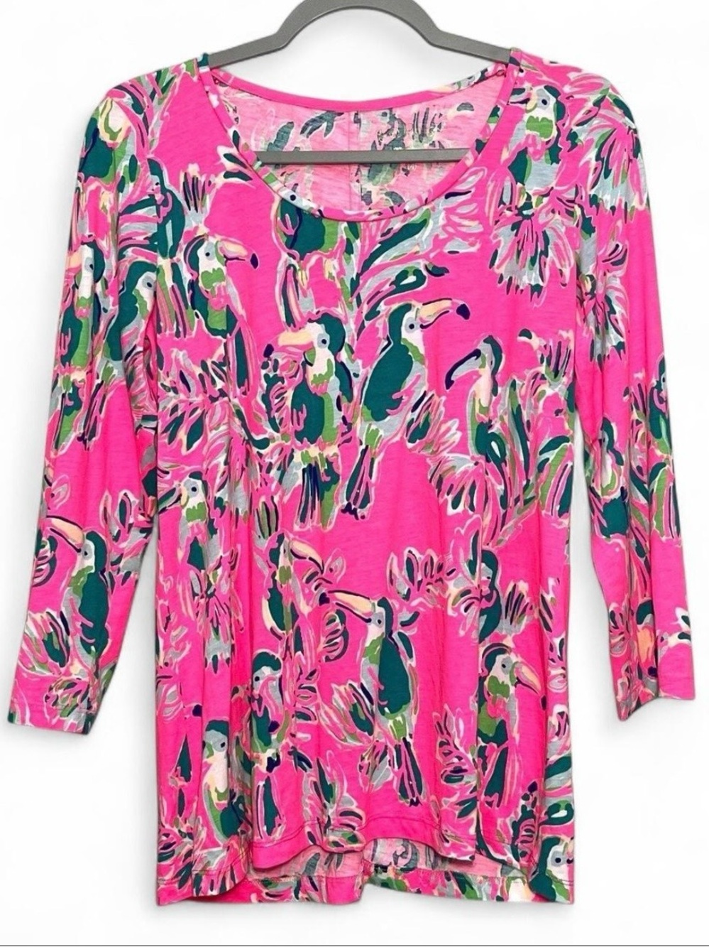 Lilly Pultizer Pink Toucan Tropical 3/4 Sleeve Pima Cotton Top Medium Resort